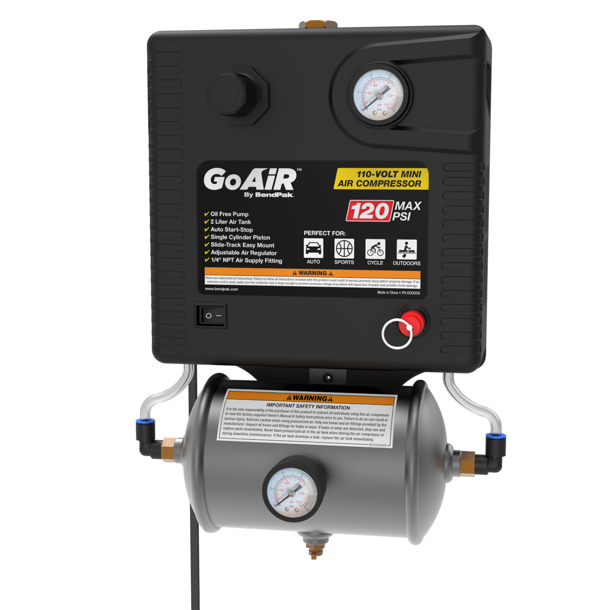 BendPak, Mini Air Compressor 110 Volt 120 Max PSI, Air Tank Size 0.5 Gal, Volts 110 Model# GoAir Mini